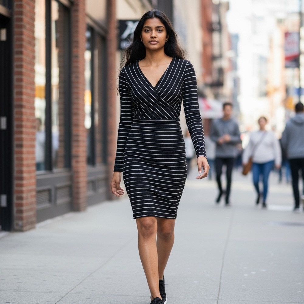 Banana Republic Black White Striped Ruched Wrap Long Sleeve Dress Women's Size S
